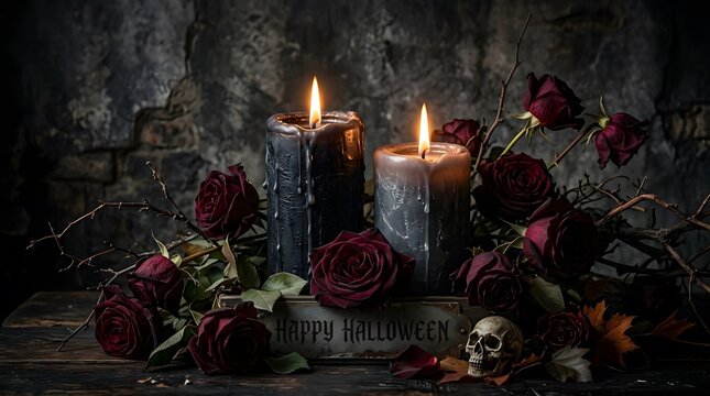Dark gothic still life with burning candles and red roses for a spooky happy halloween holiday celebration