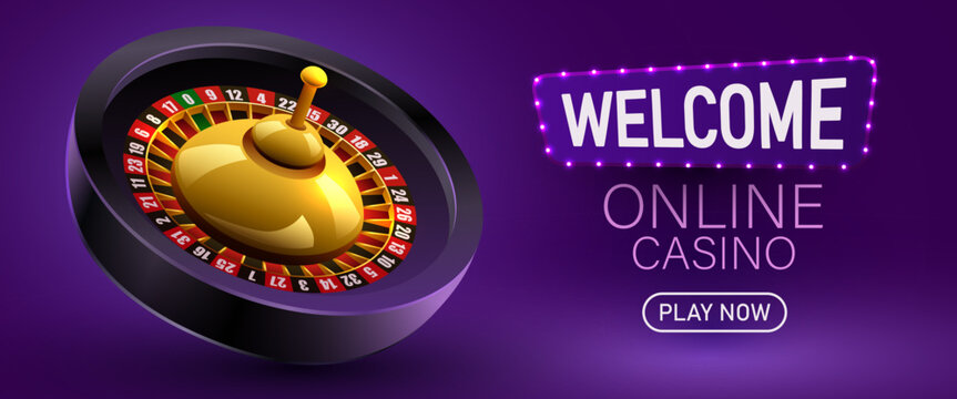 Online casino banner with roulette wheel and neon sign.