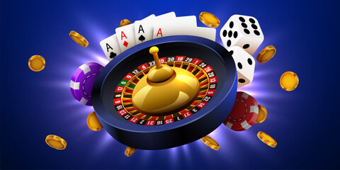 Casino gambling concept with roulette, playing cards, dice and chips. © hobbitfoot
