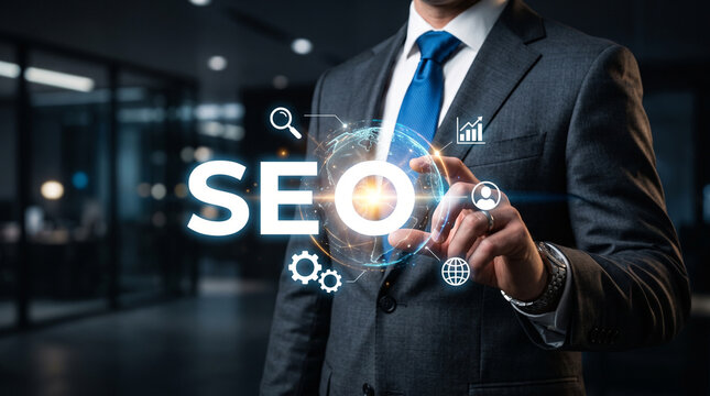 Businessman touching SEO virtual interface with digital globe and marketing icons for search engine optimization strategy concept