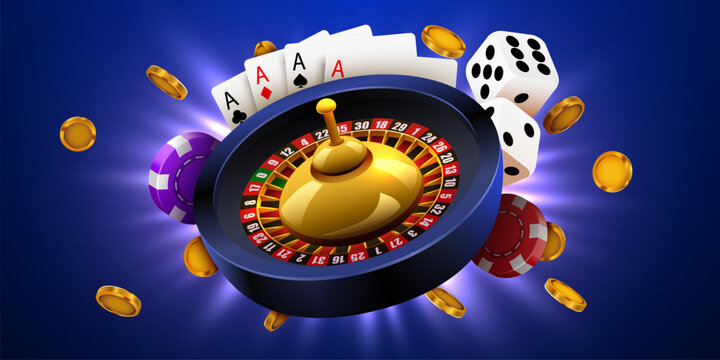 Casino gambling concept with roulette, playing cards, dice and chips.