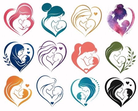 Set of breastfeeding mother and baby icons in heart shapes with breastfeeding