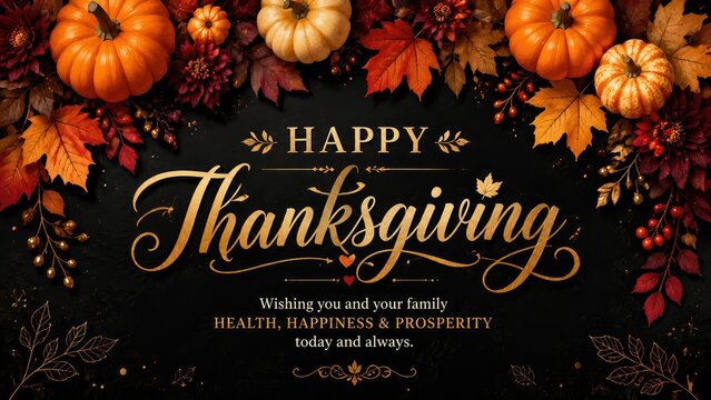 Autumn harvest pumpkins with fall foliage and floral elements on a dark background celebrating Thanksgiving