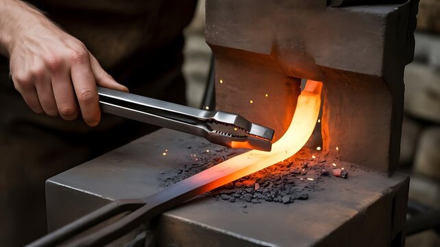 Blacksmith using metal tongs to shape glowing hot iron bar on a heavy steel anvil inside a traditional industrial metalworking workshop