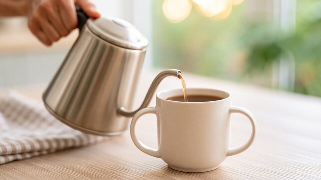 Close-up of person pouring hot coffee from a gooseneck kettle into a white mug on a wooden table with natural light