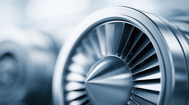 Close-up of a powerful jet engine turbine with metallic fan blades and futuristic design