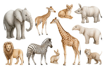 Obraz premium Safari nursery animal collection isolated on transparent background, cute watercolor wildlife PNG cutout set