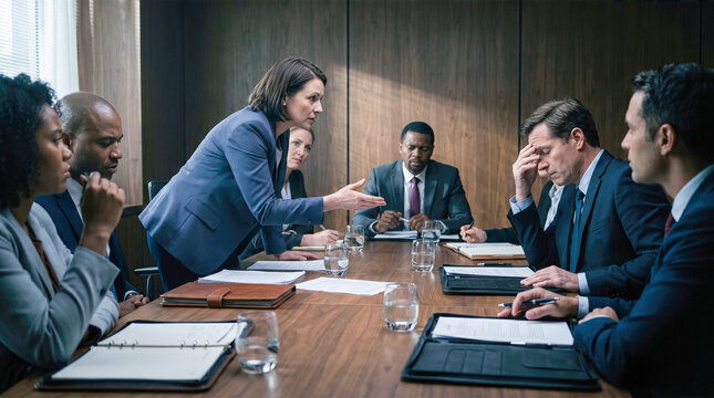 Furious businesswoman standing at conference table loudly blaming frustrated male colleague during highly intense corporate boardroom meeting with diverse shocked team members