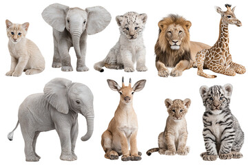 Obraz premium Safari nursery animal collection isolated on transparent background, cute watercolor wildlife PNG cutout set