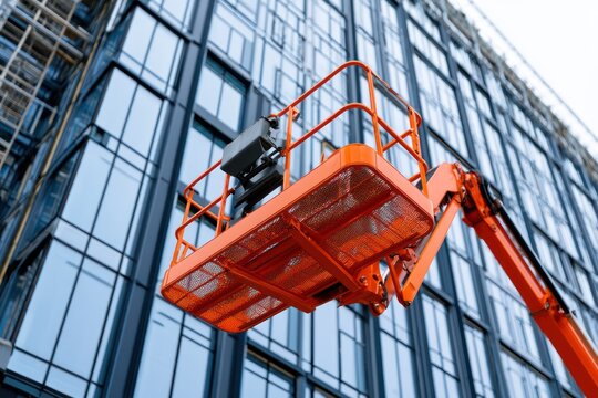 Aerial boom platform vehicle working on commercial glass building