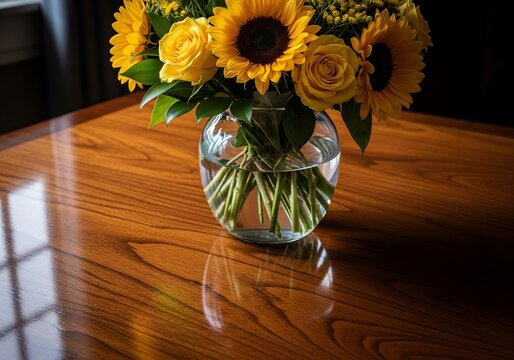 Sunlit Still Life: Sunflowers in a Glass Vase on a Polished Wood Table
