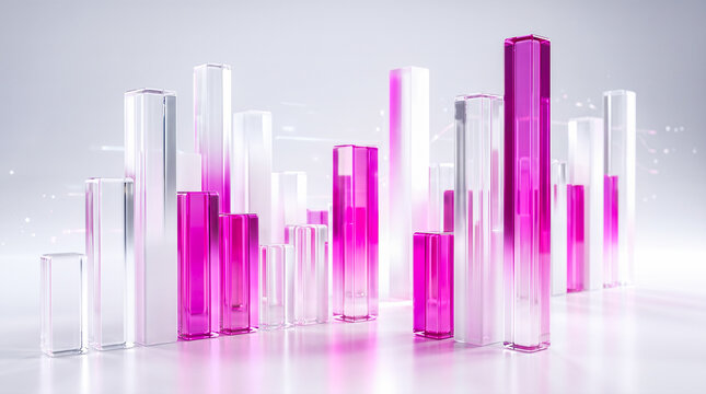 Transparent glass bar chart showing financial growth pink magenta gradient pillars rising abstract light trails white background business statistics data analytics concept