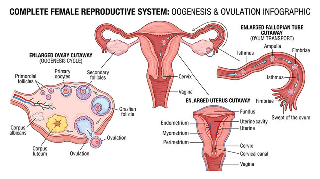 Anatomical diagram of the female reproductive organs explaining the biological process of egg development and ovulation