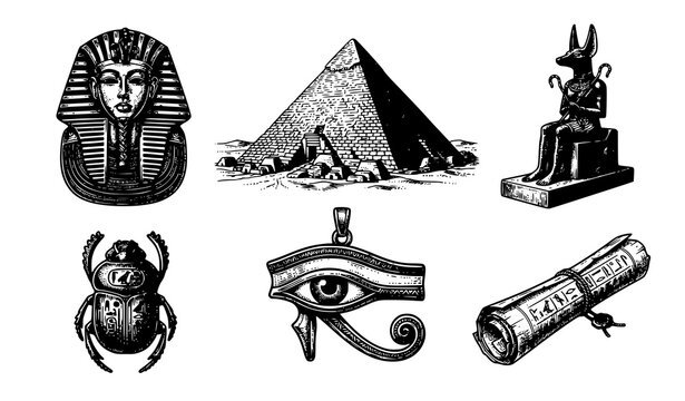 Ancient Egypt Vintage Vector Icon Set Featuring Pharaoh Sphinx Pyramid Anubis Statue Scarab Beetle Eye of Horus and Papyrus Scroll
