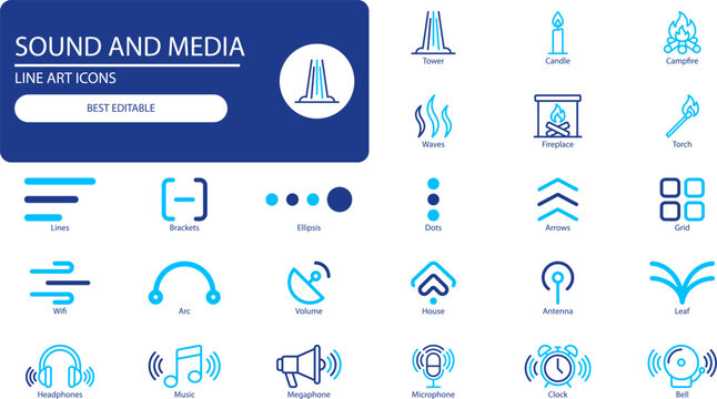 Sound and media icons set. Outline vector collection of headphones, speaker, microphone and fire symbols for app and web design