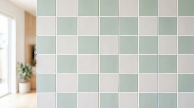 Checkered ceramic tile wall surface alternating pale green white squares modern interior home decoration blurred room background architectural detail residential partition
