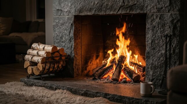 Cozy stone fireplace with burning logs and stacked firewood in a rustic living room