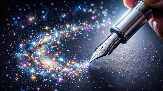 Hand holding metallic fountain pen writing drawing bright glowing colorful galaxy stars dark textured paper surface space exploration astronomy creative process