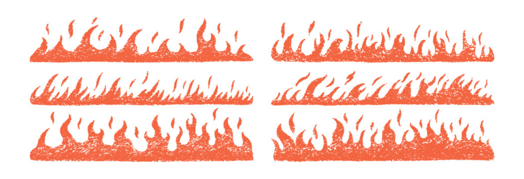 Hand-drawn fire doodles borders in crayon style. Colorful sketch elements with playful textures for creative collage designs and retro illustrations. Vector illustration.