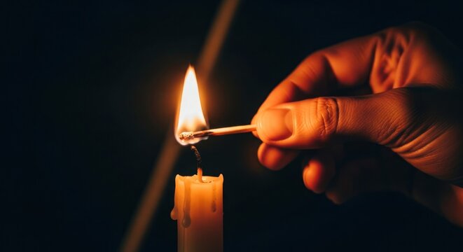 A hand holds a match close to a candle wick in a dark space. The flame ignites the wick as shadows surround the setting