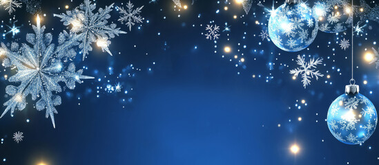 Fototapeta premium Christmas holiday background with blue baubles and snowflakes, copy space 