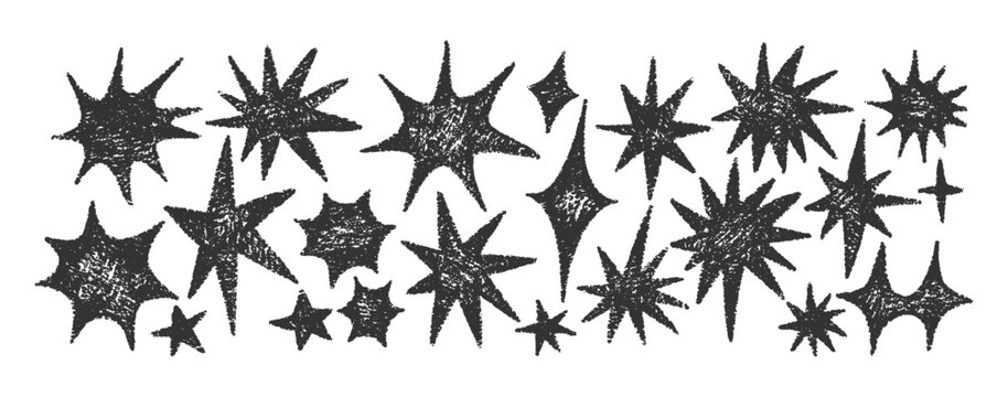 Crayon stars featuring cute doodles in chalk and brush textures. Pastel shapes featuring brush strokes, sparkles. Vector illustration.