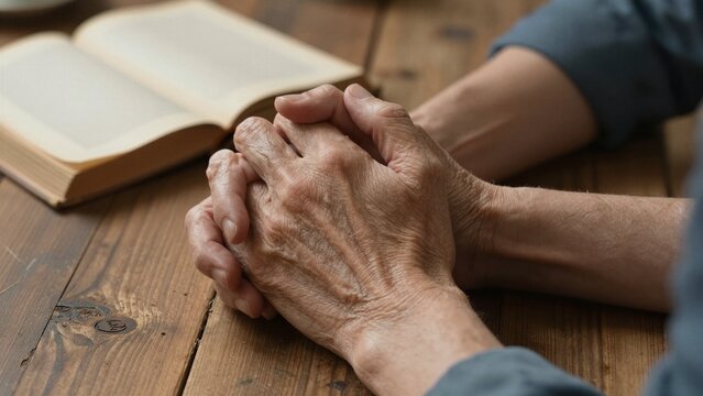 Close-up of elderly and younger hands clasped over a wooden table with an open book in soft focus.