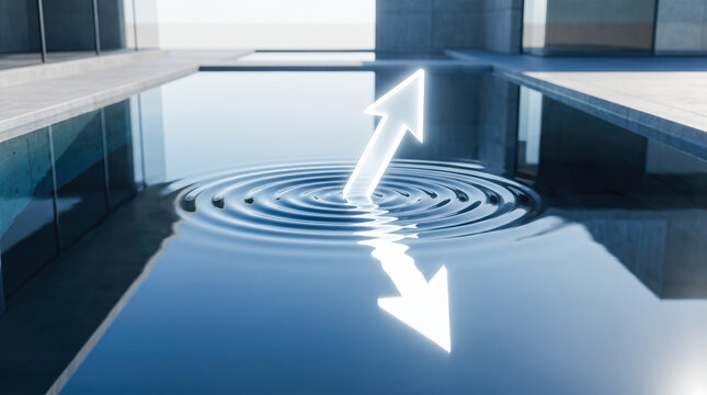Glowing bidirectional directional arrow rising upward from circular water ripple inside dark concrete architectural swimming pool reflecting bright sunlight during daytime outdoor setting