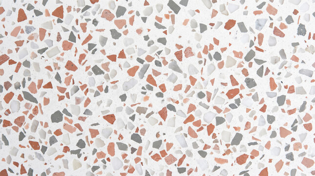 Seamless terrazzo stone texture featuring scattered red orange and grey rock chips embedded within flat smooth white cement surface providing continuous backdrop