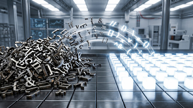 Large chaotic pile of metallic typography characters flowing across grid transforming into organized illuminated white cubes inside modern industrial factory facility interior