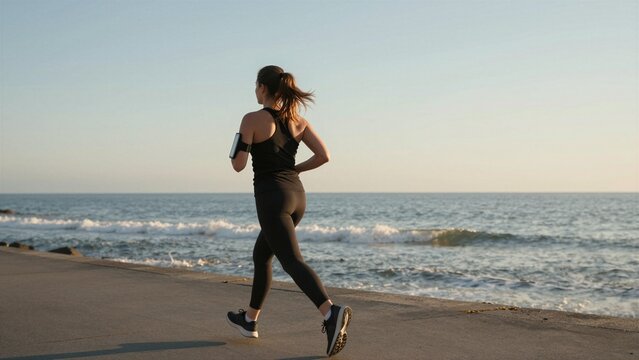 A woman in athletic wear runs along a seaside path with the ocean waves crashing behind her, showcasing an active and healthy lifestyle.