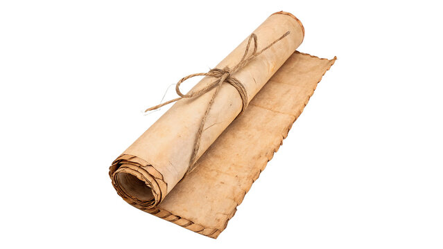 Old paper scroll bundle tied with twine isolated on transparent background