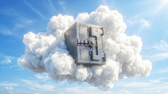 Heavy square steel bank safe resting upon low polygon white clouds floating high across bright blue sky during sunny daytime weather conditions