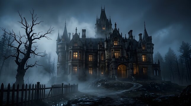 Spooky haunted mansion at night with fog and a dead tree for a happy halloween holiday background