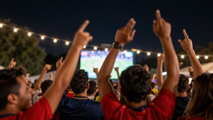 Fototapeta premium Crowd of Spanish football fans cheering and raising hands while watching a match on an outdoor screen at night.