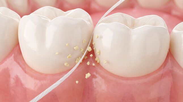 A close-up 3D render showing dental floss removing yellow plaque debris from between white teeth.