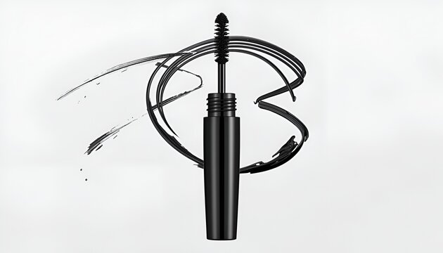 Black mascara brush with cosmetic product swish design cosmetics eyelashes applicator cosmetic isolated professional cosmetology extension industry advertising commercial minimalist