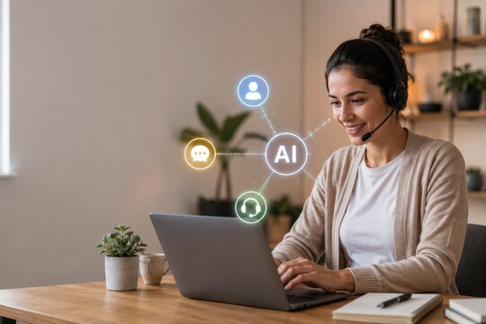 Remote Support Specialist Working with AI from Home Office