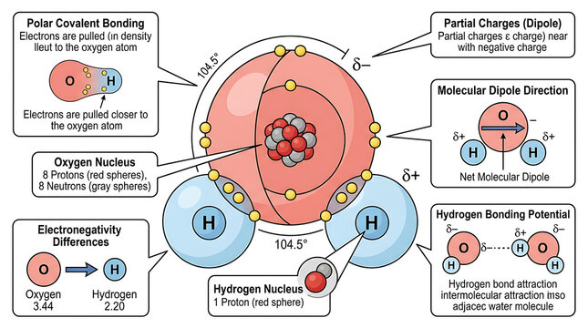 Scientific Illustration of a Water Molecule Showing Polar Covalent Bonds, Electronegativity, and Hydrogen Bonding Potential