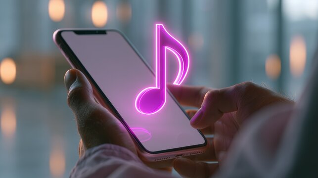 Person engages with music streaming through illuminated play icon on smartphone at night