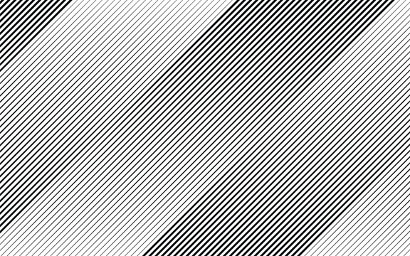 Monochrome diagonal stripe halftone line pattern with alternating thickness transition. Vector illustration of abstract optical illusion geometry, modern minimalist black white line art wallpaper.