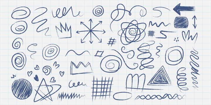 Blue pen doodles set with hand drawn arrows scribbles circles stars and crowns on grid paper background. Vector illustration of ink sketch note decor icon collection, school math notebook aesthetic .