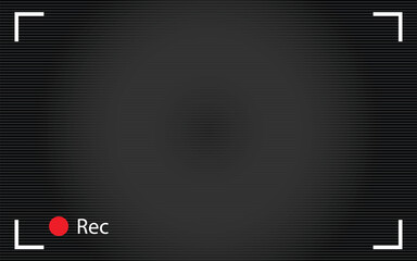 Obraz premium Camera viewfinder screen recording overlay with red rec indicator and focus corner marks. Vector illustration of cctv security camera monitor grid texture, video recording interface frame template.