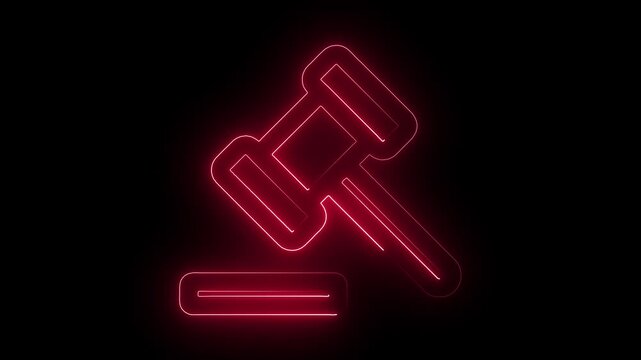 Glowing red neon outline of a judges gavel and sounding block isolated on a solid black background representing law and justice concepts