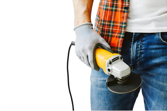 man holding yellow power tool with gray glove on transparent background PNG