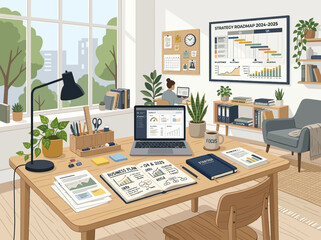 Naklejka premium Organized workspace featuring a desk with a laptop, plants, and design materials.