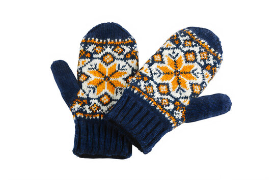 Knitted mittens with snowflake pattern on transparent background PNG with alpha channel