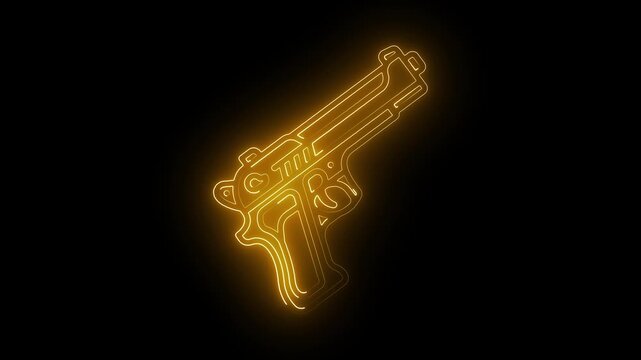 Glowing orange neon outline of a semi automatic handgun isolated on a black background representing tactical gear and security themes
