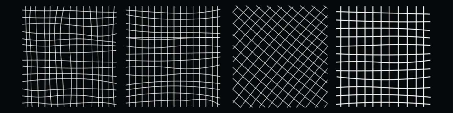 Hand drawn distortion grid textures set with wavy line mesh patterns. Vector illustration of abstract white line wireframe net collection, retro Y2K warped graph notebook background template.