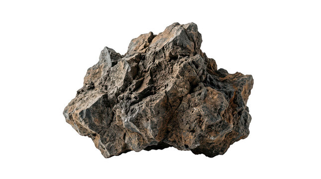 Single rough brown volcanic rock stone isolated on transparent background